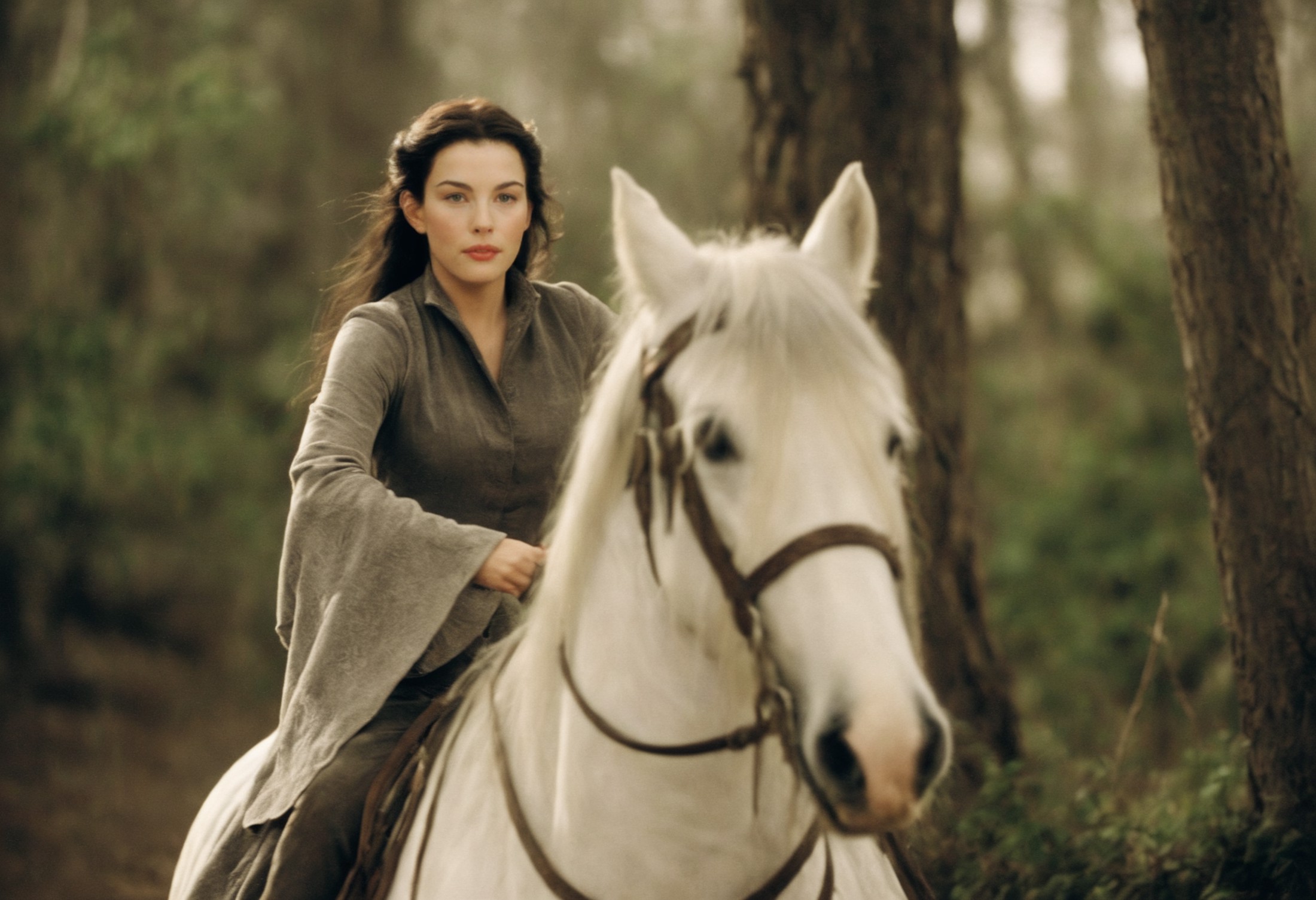 stunning photo of liv_arwen racing on a white horse through the woods, galloping, (pointed ears:0.7), ethereal elven beaut...